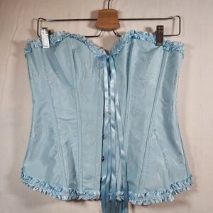 Light Blue Floral Brocade Lace Up Boned Corset Top‎ Ruffle Trim Strapless